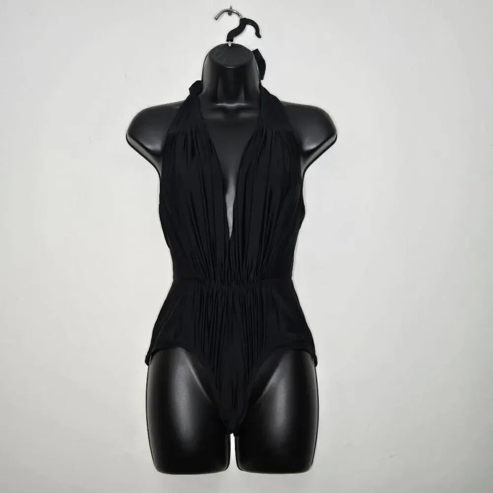 Unique Vintage Derek Swimsuit Size Small Black Retro Deep V Pinup